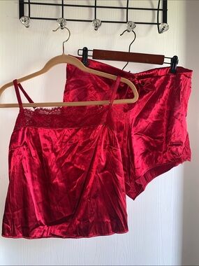 Lace-Trim Satin Camisole & Shorts Pajama Set - Red